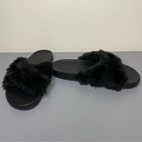 Pink Victoria’s Secret Black Fuzzy Top Slippers Women’s Slides - Picture 1 of 9